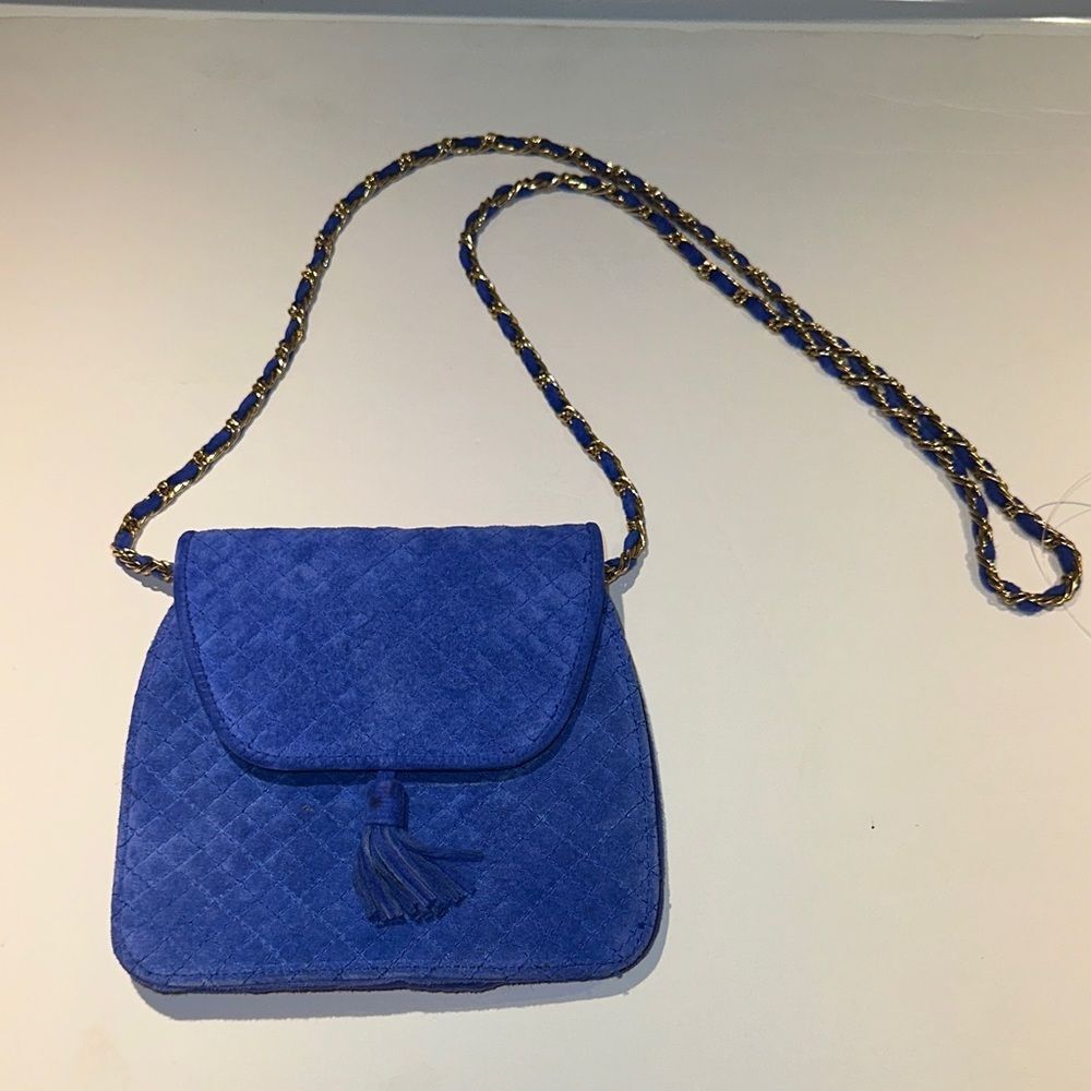 Talbots Blue Suede Quilted Crossbody Bag Gold Chain Strap Tassel Purse